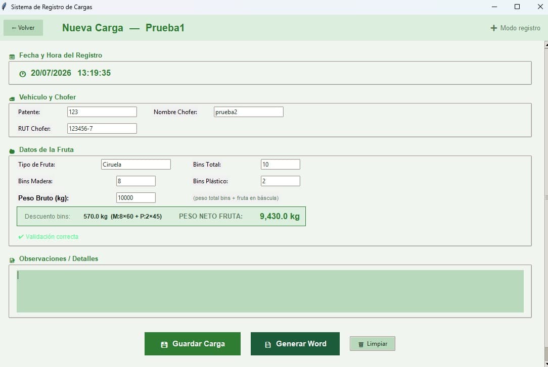 Captura del sistema de registro de carga